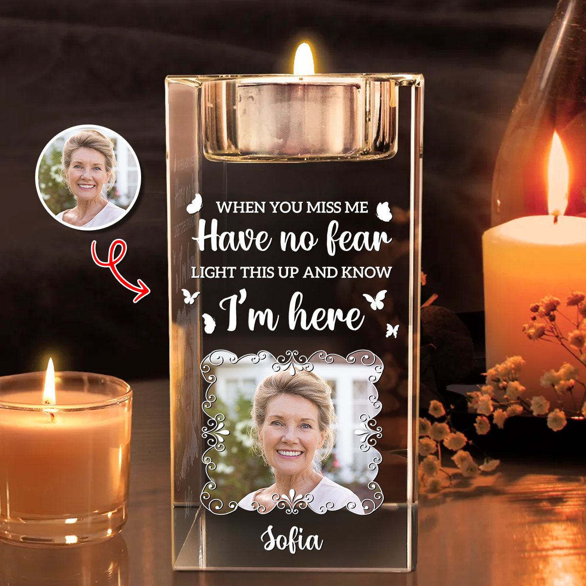 Custom Name and Photo Crystal Candle Holder - Sympathy Gift