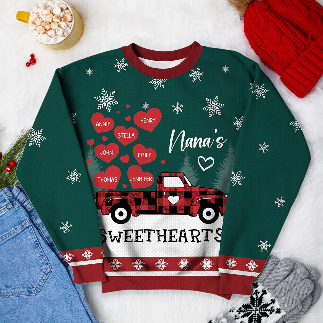 Nana's Heart Car - Custom Name Ugly Christmas Sweatshirt - All-Over-Print Sweatshirt