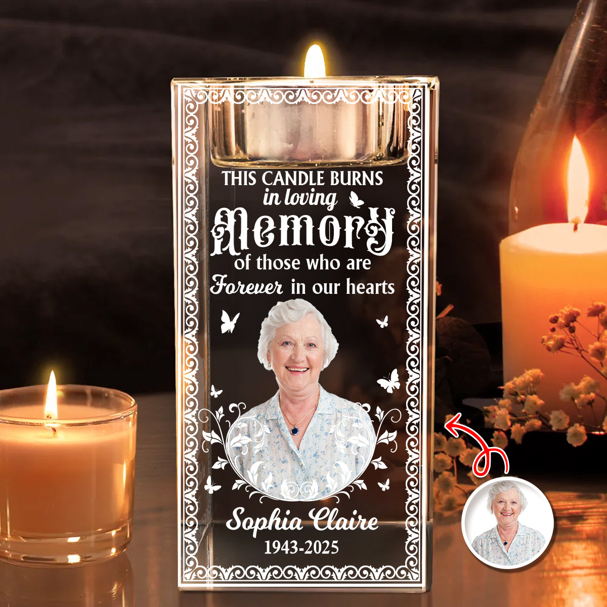 Custom Name and Photo - Personalized Crystal Candle Holder - Memorial Gift