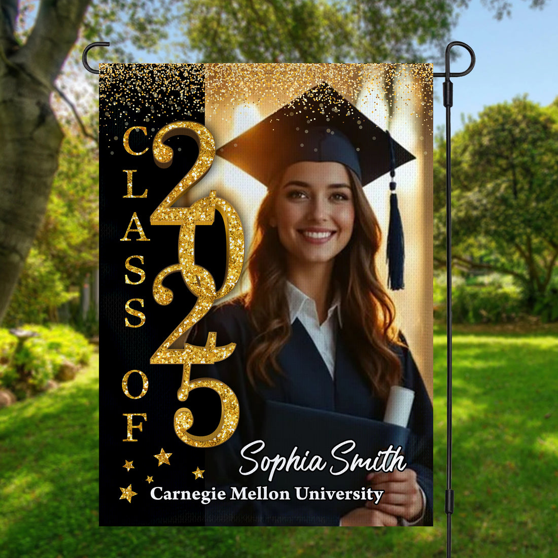 Glitter Congrats Graduation - Custom Name Class Of 2025 With Photo – Graduation Garden Flag & Party Decor