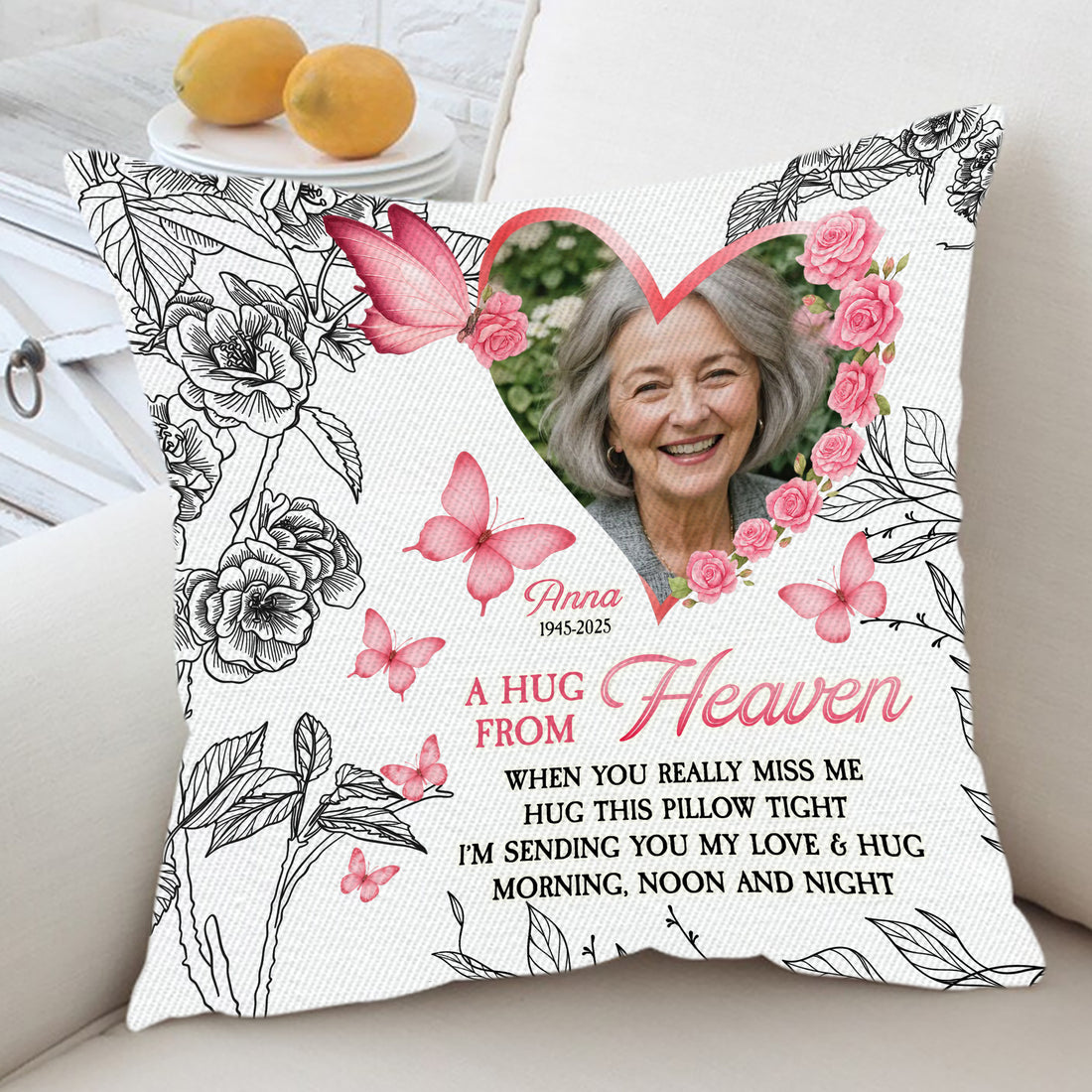 Custom Name and Photo - A Hug From Heaven - Personalized Pillow - Memorial Gift