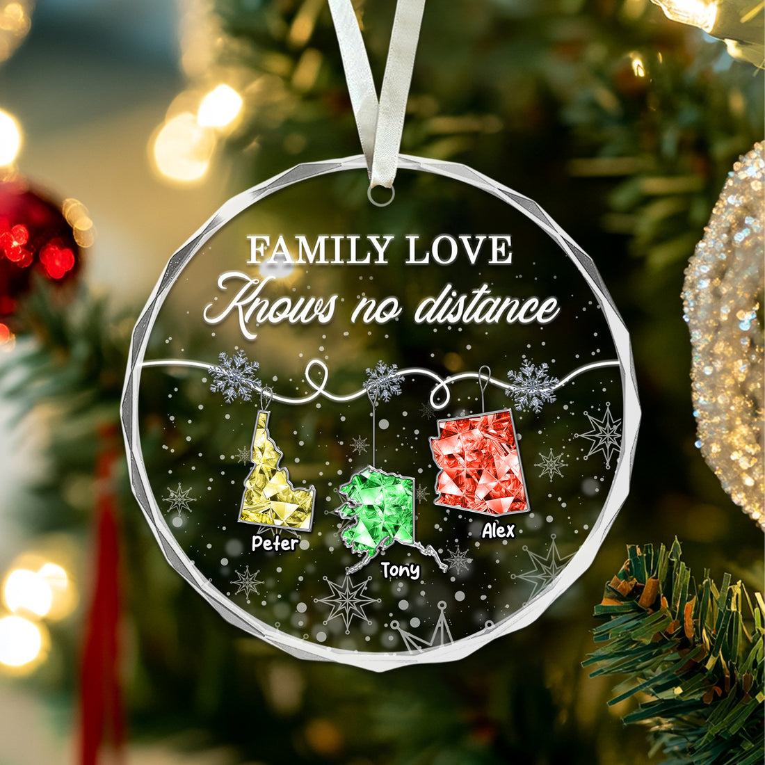 Family Love Knows No Distance - Custom State Crystal - Personalized Glass Ornament