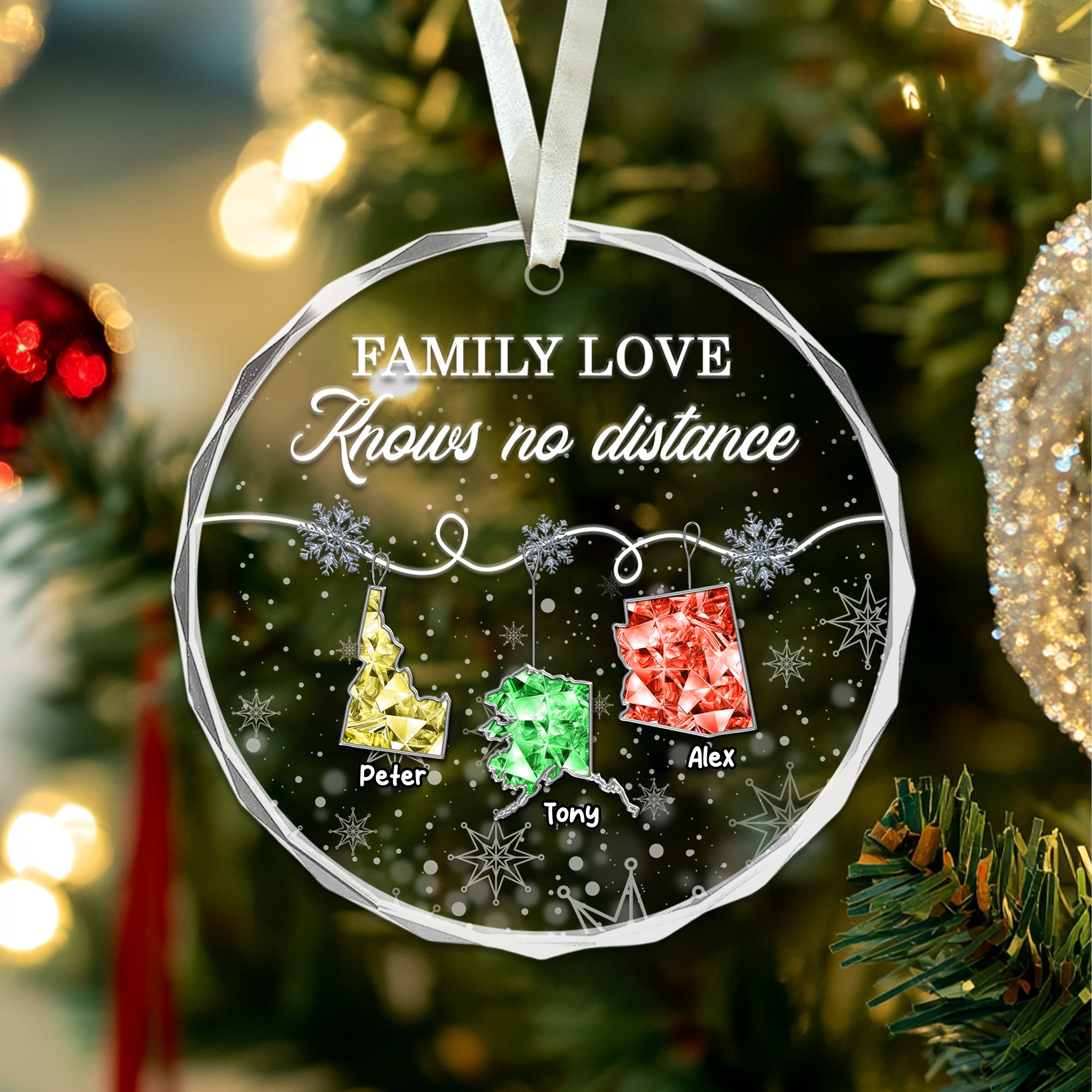 Family Love Knows No Distance - Custom State Crystal - Personalized Glass Ornament
