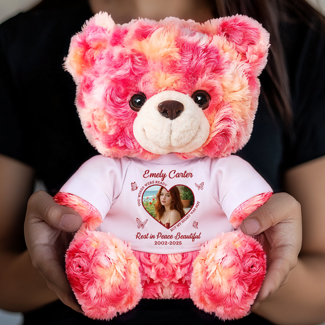 Rest In Peace Beautiful - Personalized Memorial Bear Plush - Custom Name and Photo Teddy Bear
