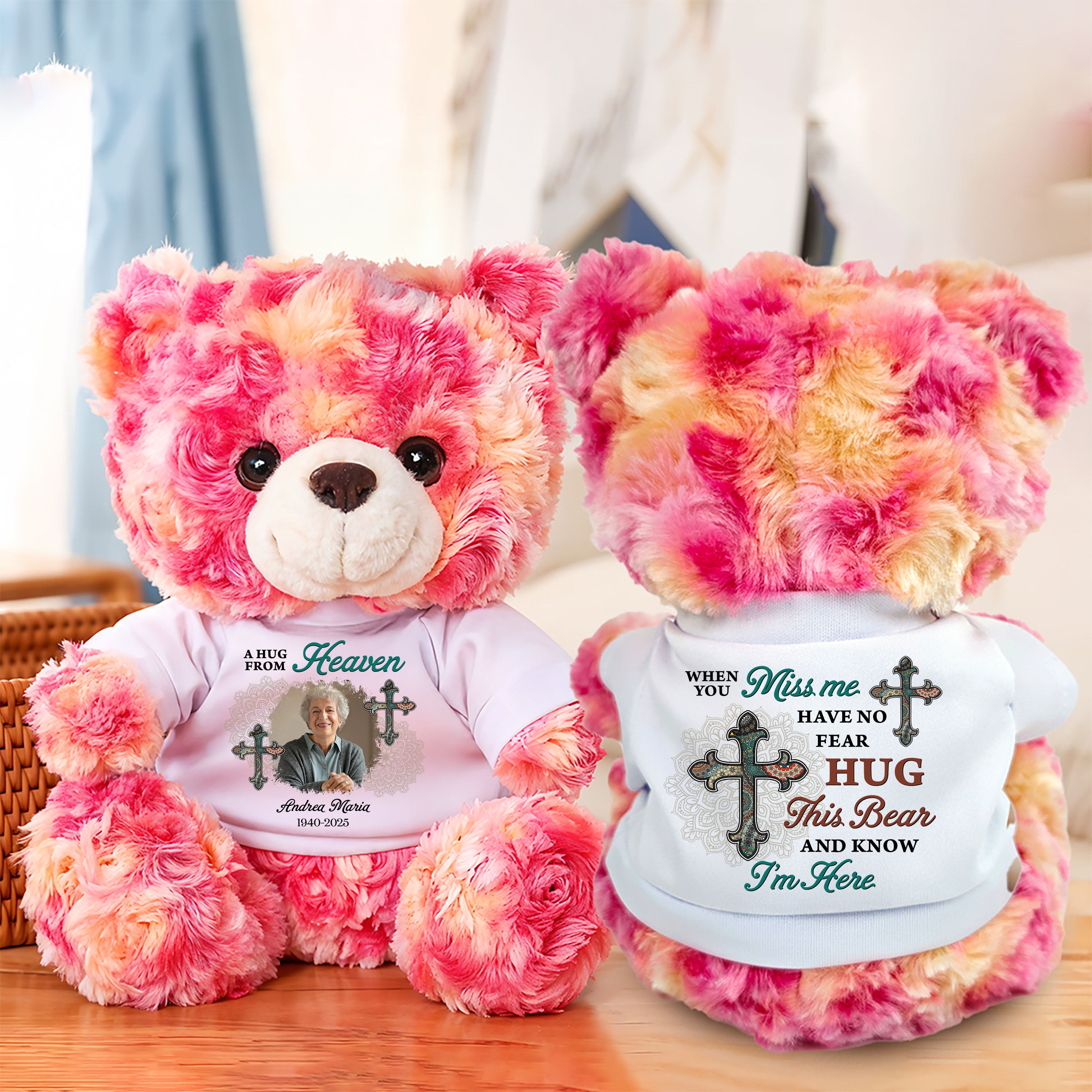 Sympathy Gift A Hug From Heaven - Personalized Bear Plush - Custom Name and Photo Teddy Bear