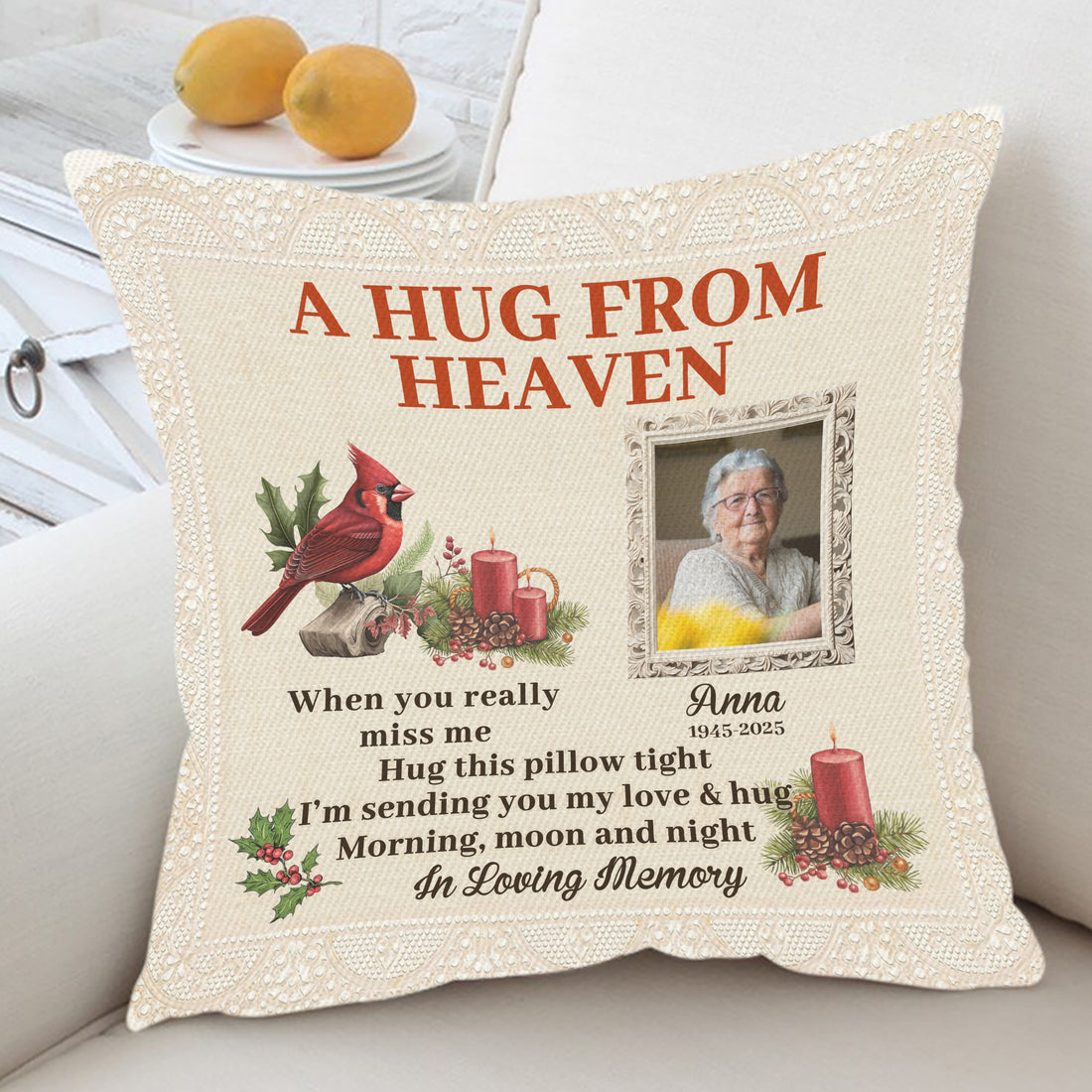 A Hug From Heaven - Custom Name and Photo Sympathy Gift - Personalized Memorial Pillow