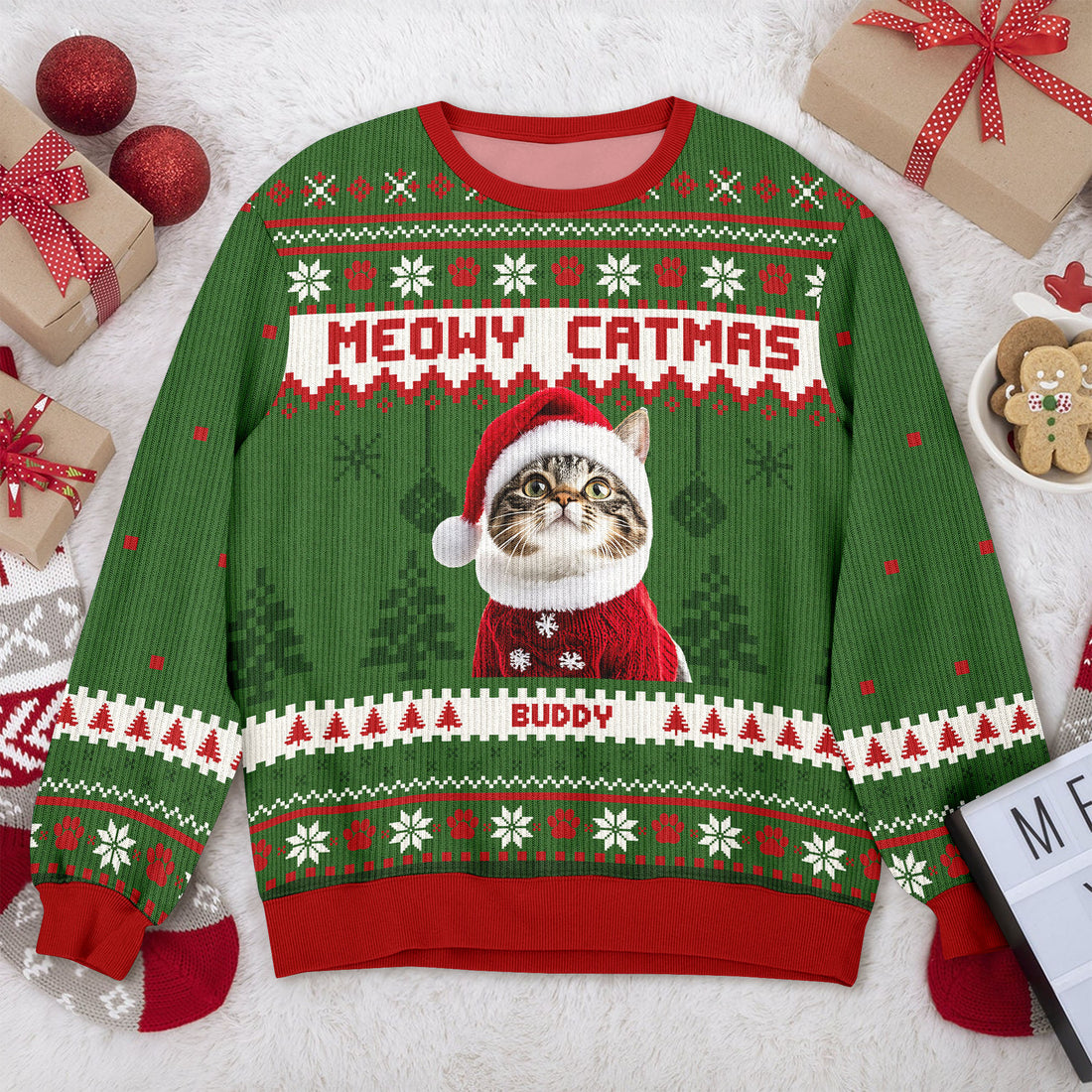 Meowy Christmas - Custom Cat Name and Photo Ugly Christmas Sweatshirt - All-Over-Print Sweatshirt