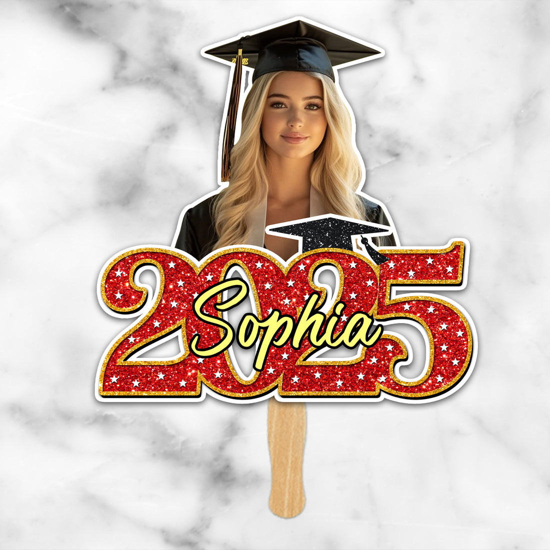 Personalized Face Fans With Wooden Handle - Colorful Glitter Senior Photo Class Of 2025 - Graduation Keepsake Gift