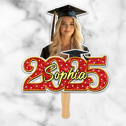 Personalized Face Fans With Wooden Handle - Colorful Glitter Senior Photo Class Of 2025 - Graduation Keepsake Gift