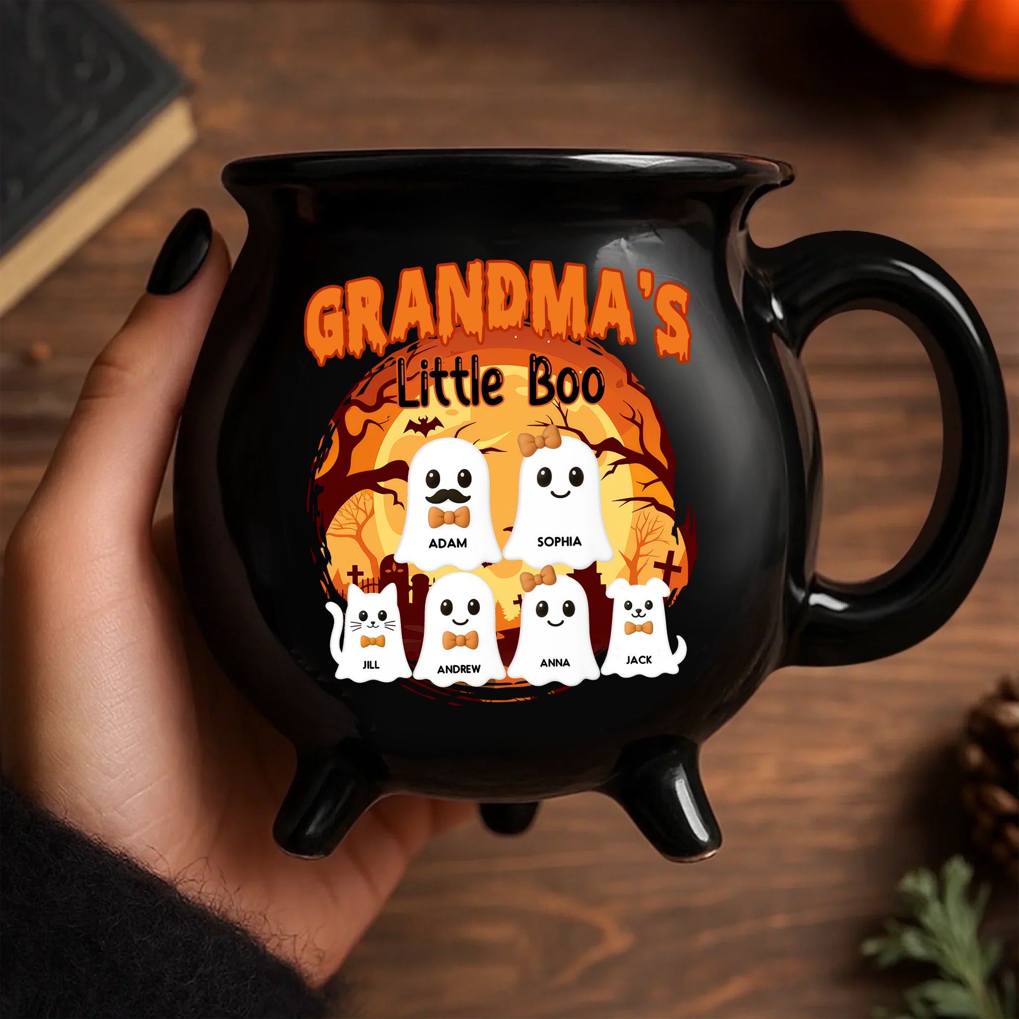 Custom Name Ghost Family - Personalized Ceramic Cauldron Coffee Mug - Halloween Gift