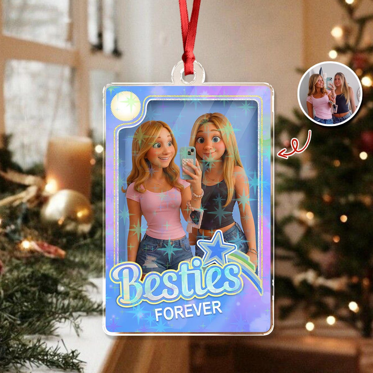 Bestie Forever - Custom Photo Cartoon Style Hologram Ornament - Gift for Best Friend