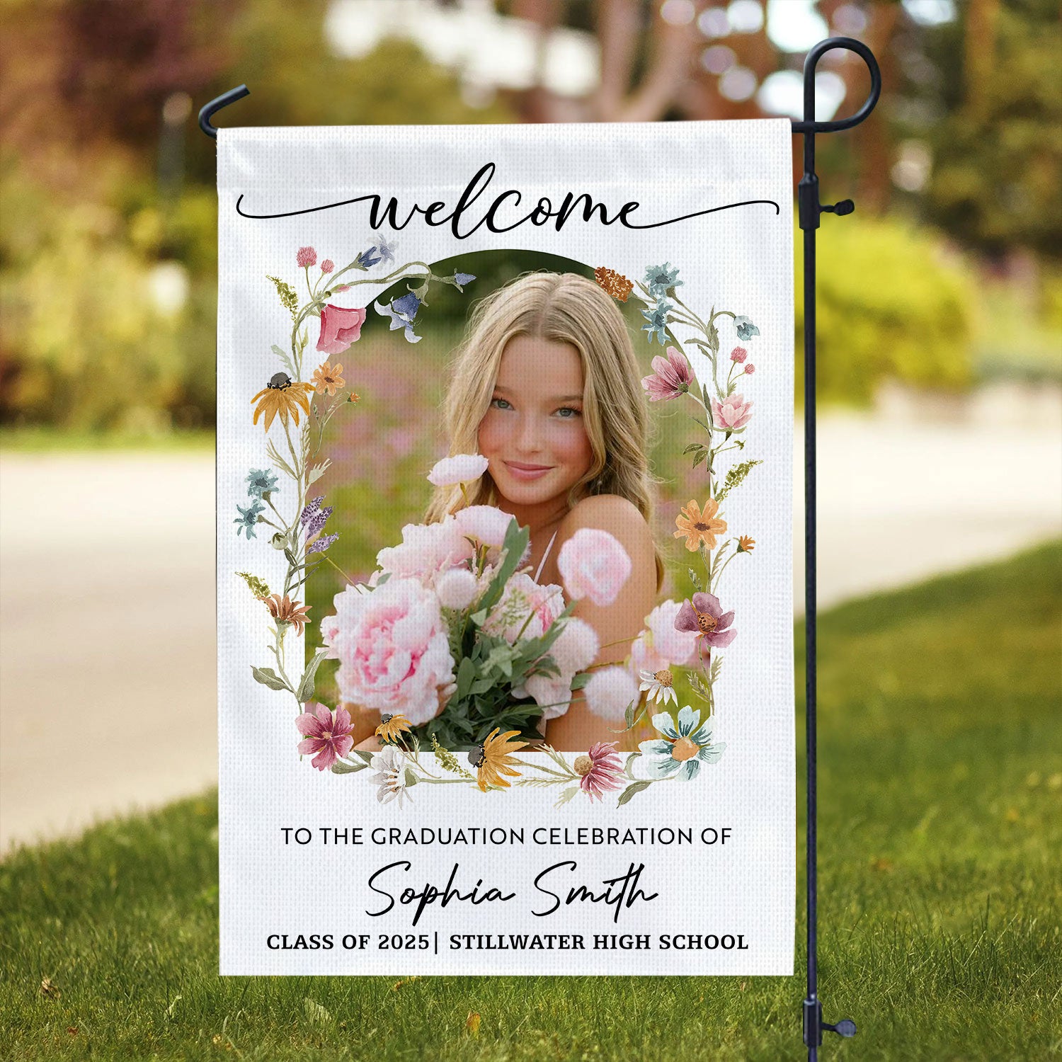 Welcome To The Graduation Celebration – Personalized Floral Welcome Sign and Garden Flag – Party Decor