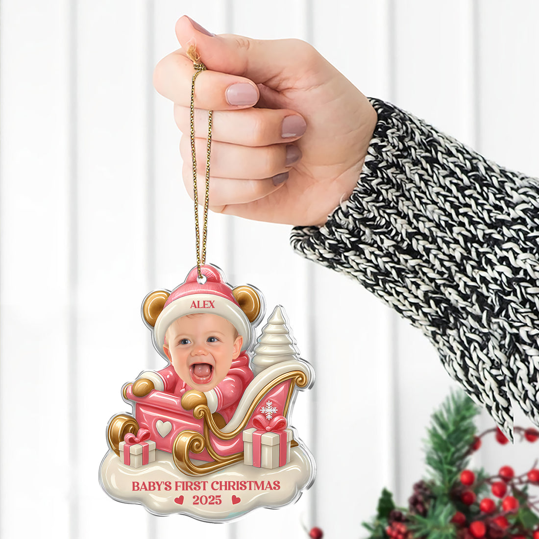 Baby First Christmas - Custom Name and Photo - Custom Shape Hologram Ornament - Christmas Decor