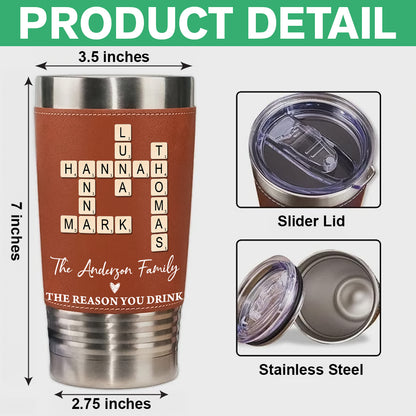 Family Name Crossword - Personalized Leather Tumbler - Gift for Family