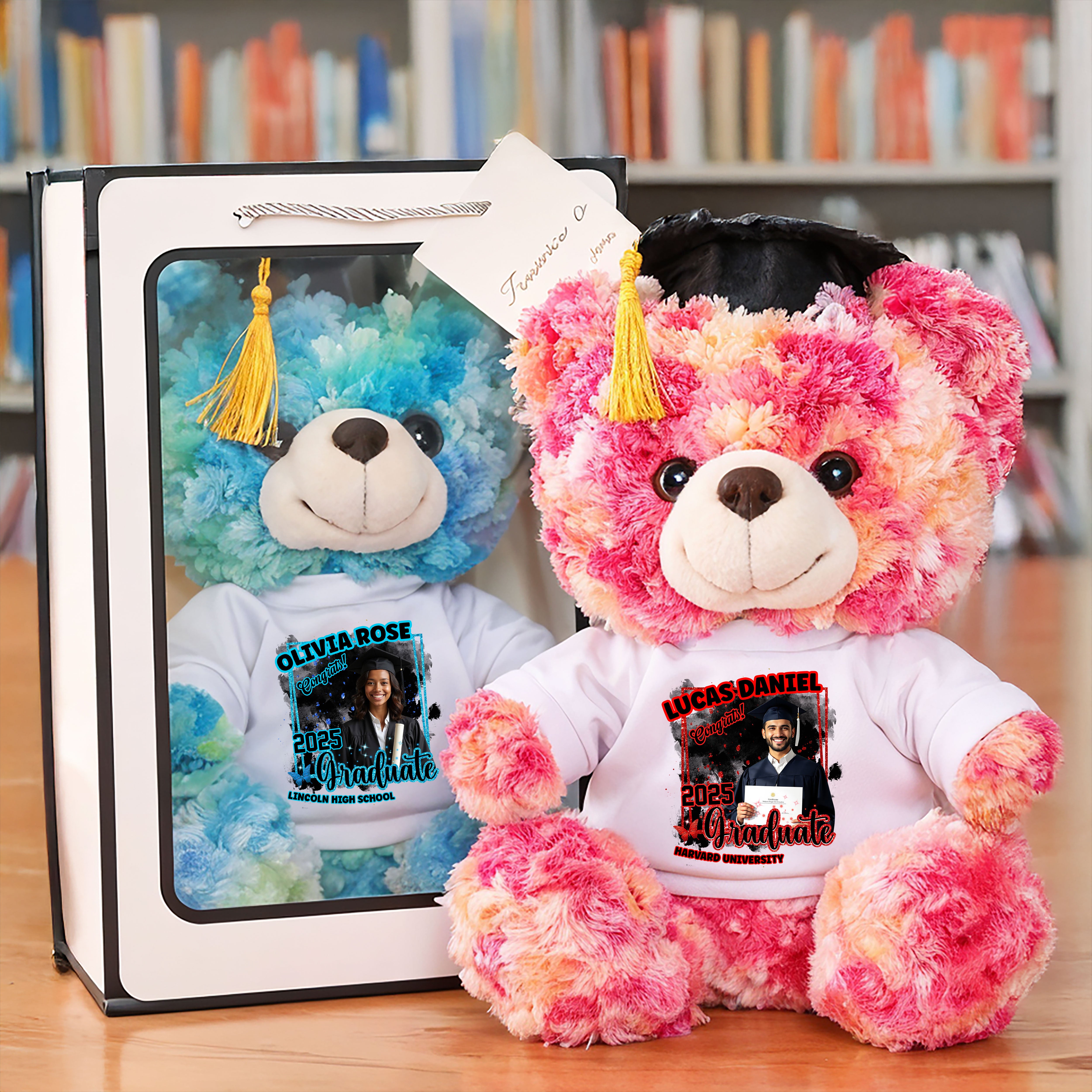 2025 Congrats Graduation Teddy Bear Plush - Custom Photo and Name  - Graduate Bear With Cap