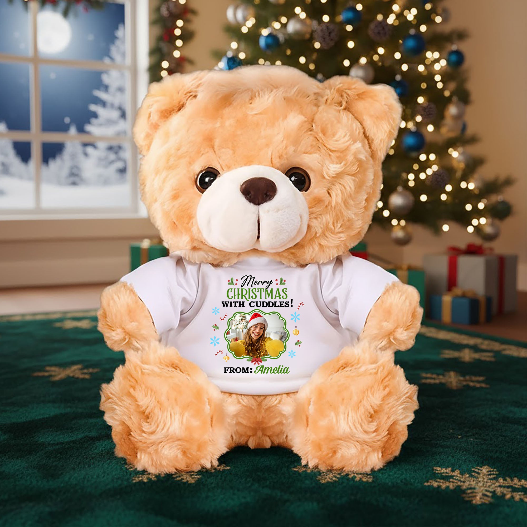 Christmas With Cuddles - Personalized Bear Plush - Custom Name and Photo Teddy Bear