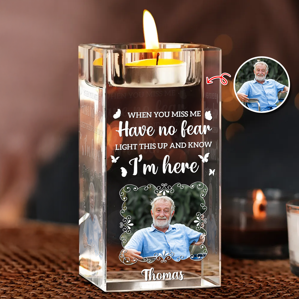 Custom Name and Photo Crystal Candle Holder - Sympathy Gift