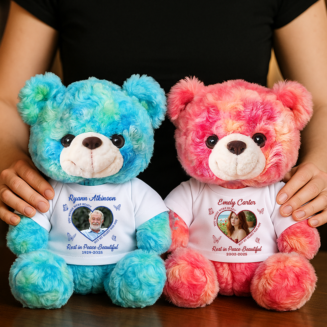 Rest In Peace Beautiful - Personalized Memorial Bear Plush - Custom Name and Photo Teddy Bear