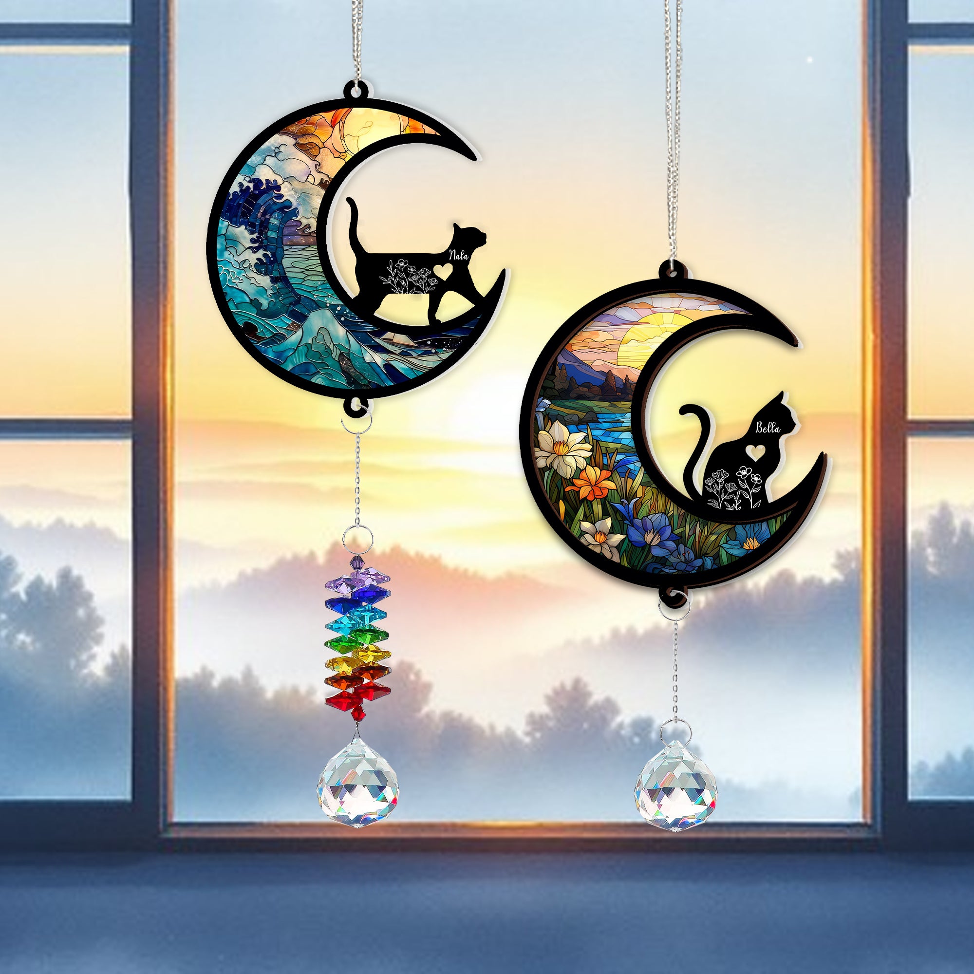 Cat Silhouette - Ornament Hanging Piece With Crystal Charm - Cat Lover Gift