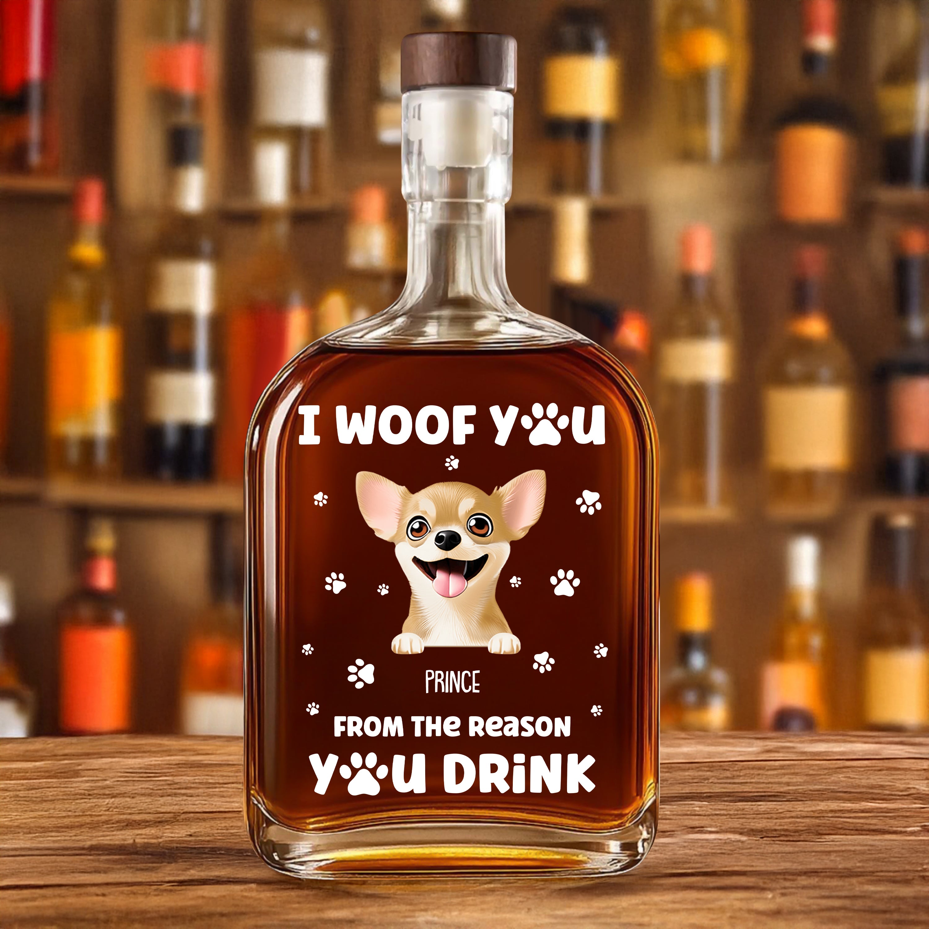 We Woof You - Custom Pet Photo and Name - Personalized Custom Whiskey Bottle