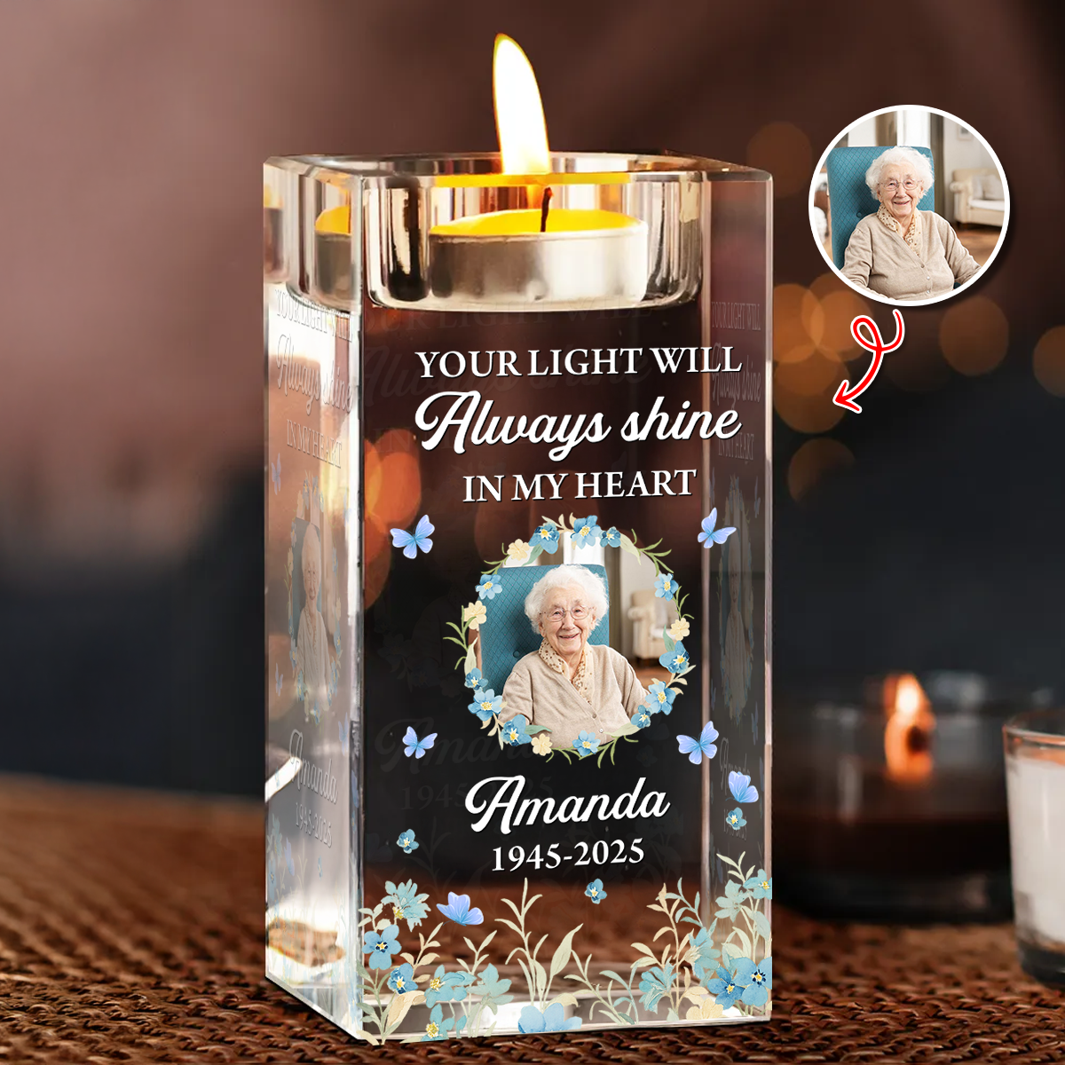 Your Light Will Always Shine - Personalized Crystal Candle Holder - Sympathy Gift