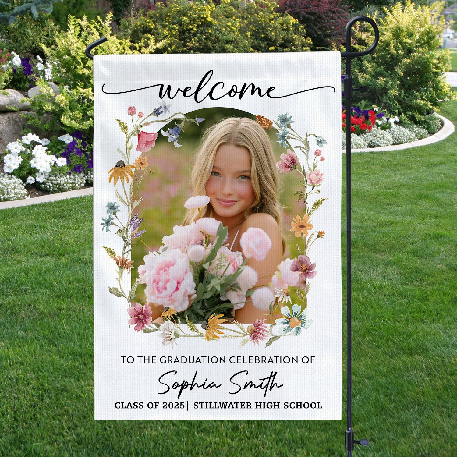 Welcome To The Graduation Celebration – Personalized Floral Welcome Sign and Garden Flag – Party Decor