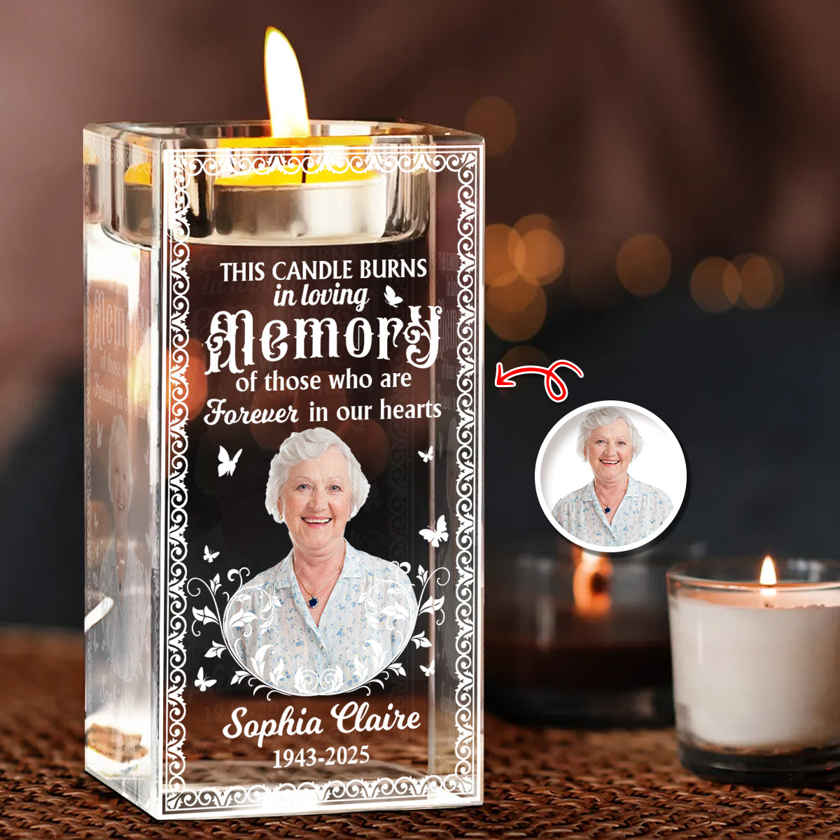 Custom Name and Photo - Personalized Crystal Candle Holder - Memorial Gift