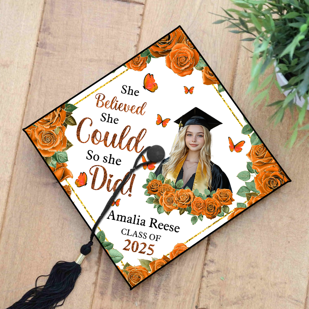 She Believed She Could, So She Did – Custom Graduation Cap Topper | Class of 2025 | Personalized With Name