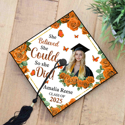 She Believed She Could, So She Did – Custom Graduation Cap Topper | Class of 2025 | Personalized With Name