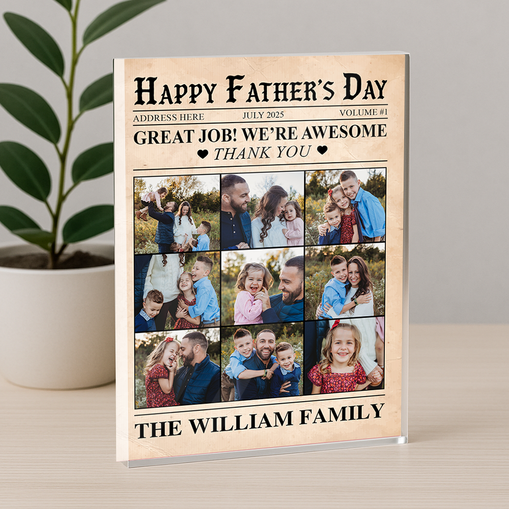 Happy Father's Day - Personalized Family Name and Photo Gift - Custom Shape Acrylic Block Plaque