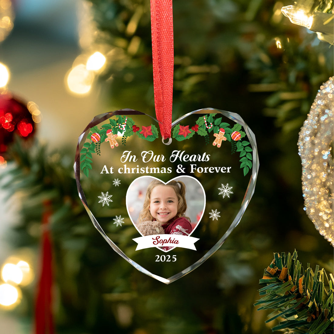 In Our Hearts - Custom Name and Photo - Personalized Glass Ornament - Memorial Gift