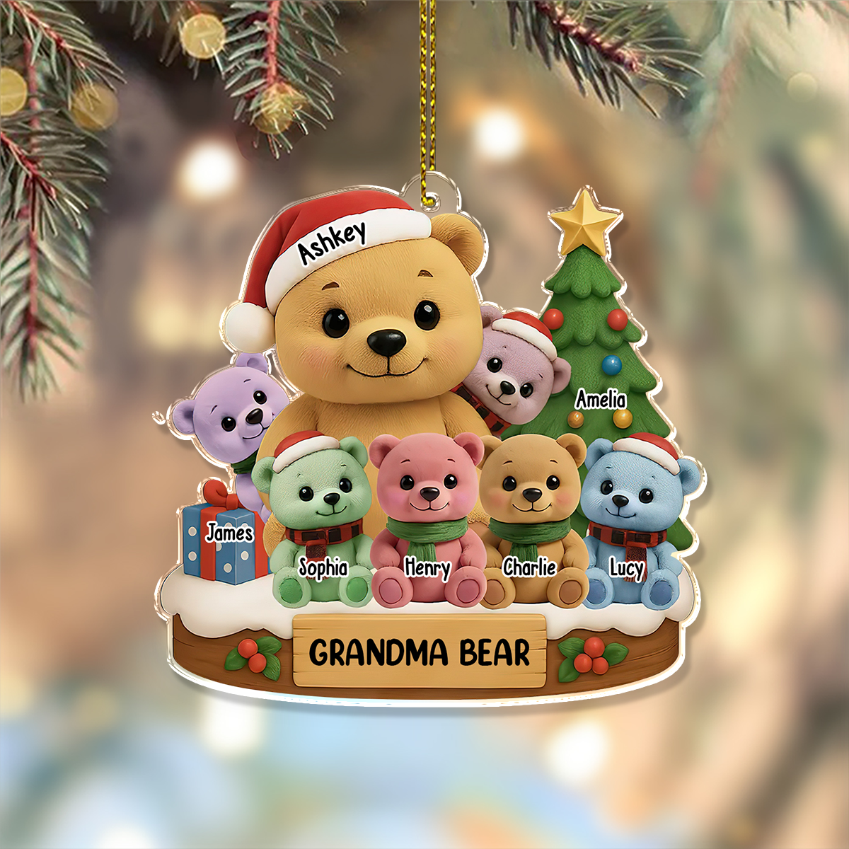 Custom Bear Family Name Ornament - Christmas Decor - Custom Shape Hologram Ornament
