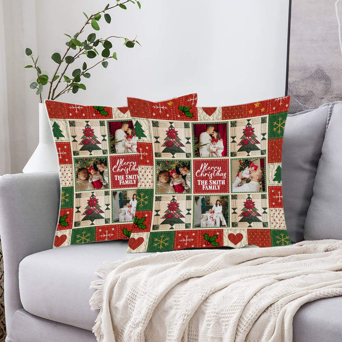 Christmas Family - Custom Name and Photo Gift - Personalized Pillow