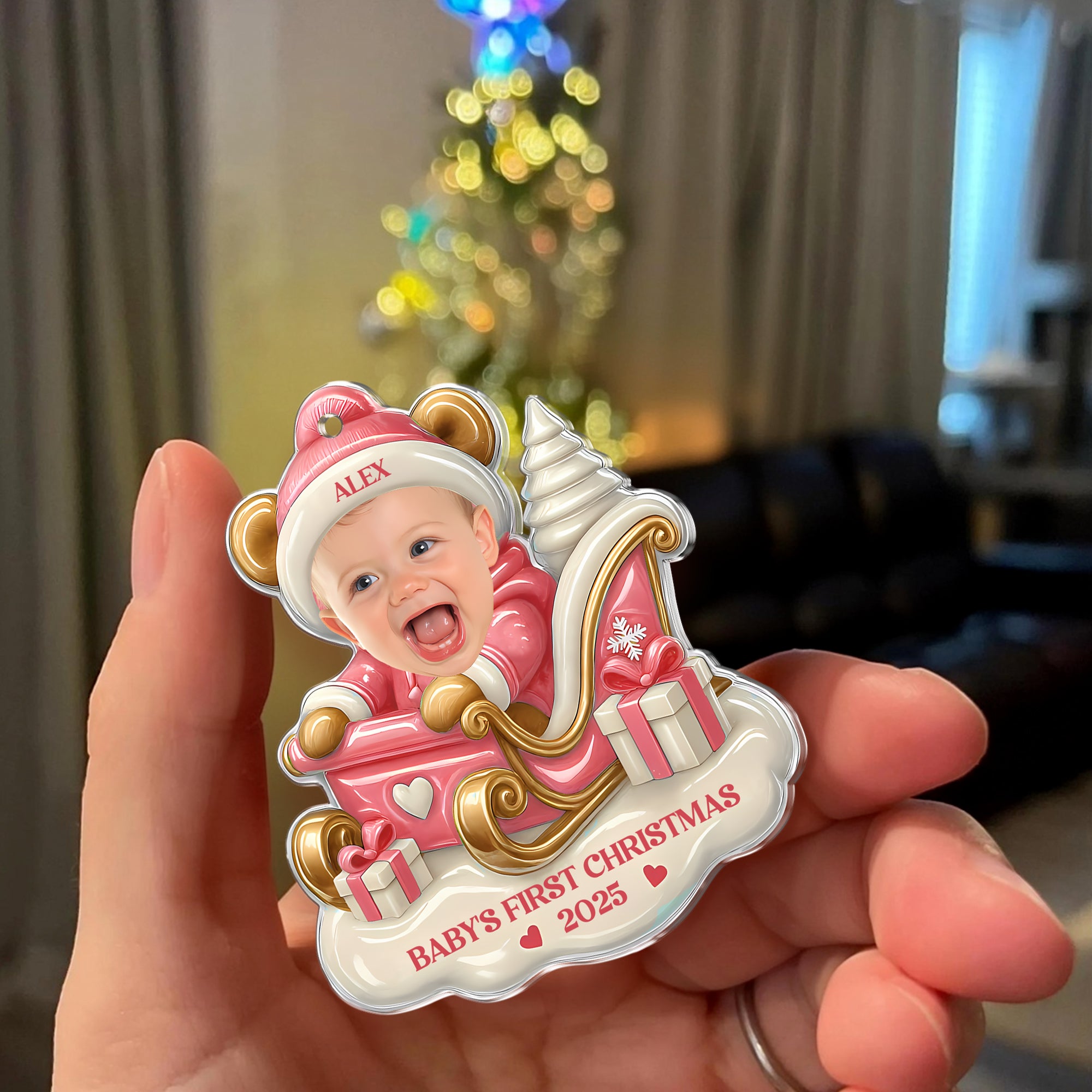 Baby First Christmas - Custom Name and Photo - Custom Shape Hologram Ornament - Christmas Decor