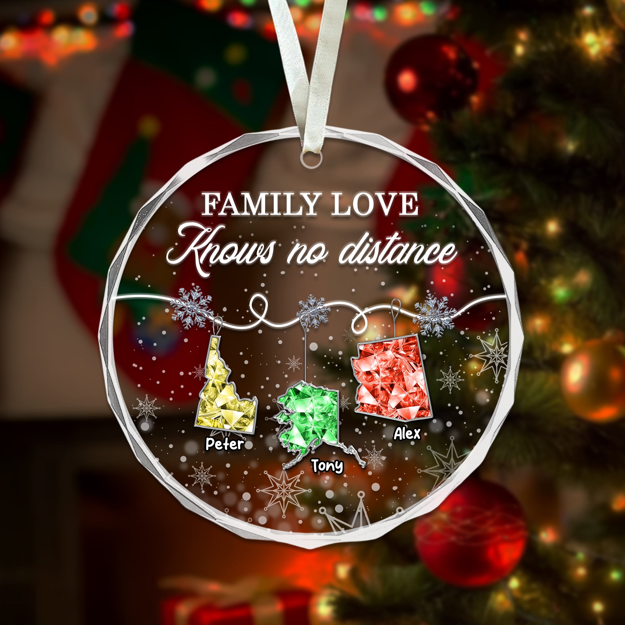 Family Love Knows No Distance - Custom State Crystal - Personalized Glass Ornament