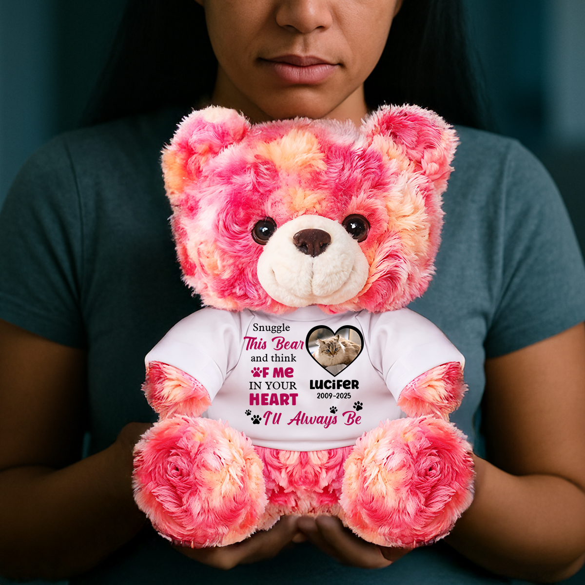Snuggle This Bear and Think Of Me - Personalized Pet Memorial Bear Plush - Custom Photo and Name Bear
