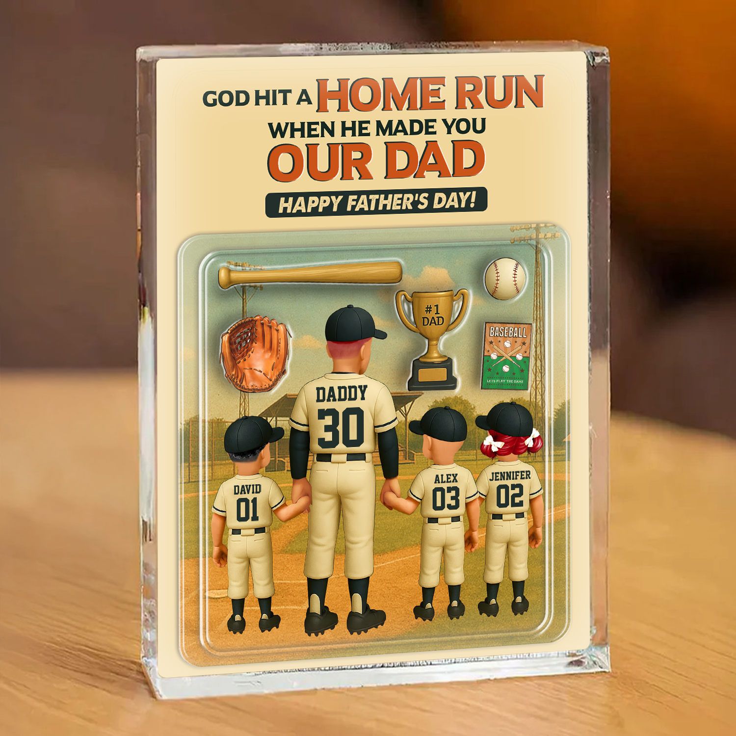 Caught The Best Dad - Personalized Baseball Dad Name Gift - Custom Shape Acrylic Block Plaque