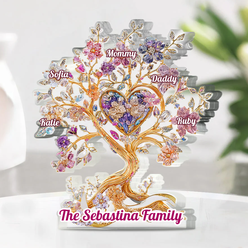 Family Tree Hearts and Flowers - Personalized Name Gift - Custom Shape Acrylic Block Plaque