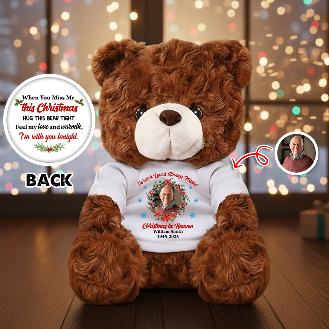 When You Miss Me This Christmas - Sympathy Gift - Custom Name and Photo - Personalized Bear Plush