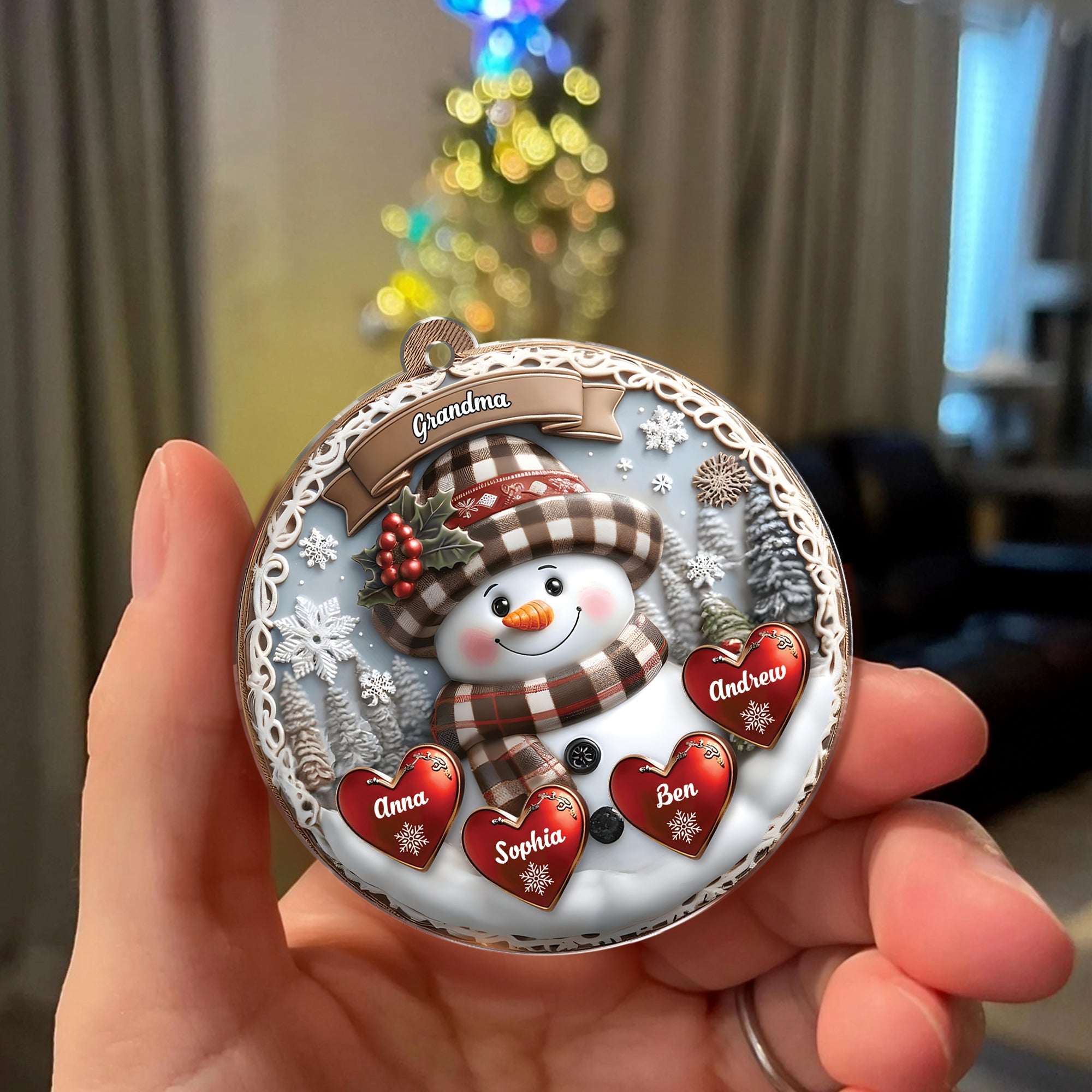 Snowman Custom Name - Personalized Hologram Ornament - Family Decoration