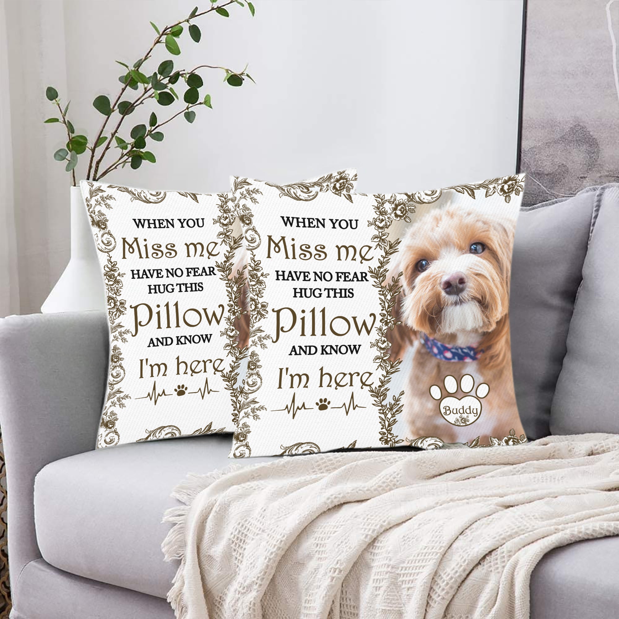 Custom Dog Name and Photo - When You Miss Me - Personalized Pillow - Pet Memorial