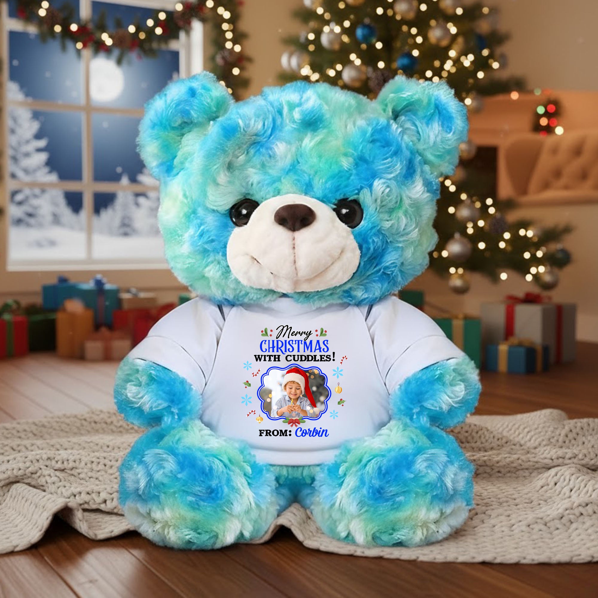 Christmas With Cuddles - Personalized Bear Plush - Custom Name and Photo Teddy Bear