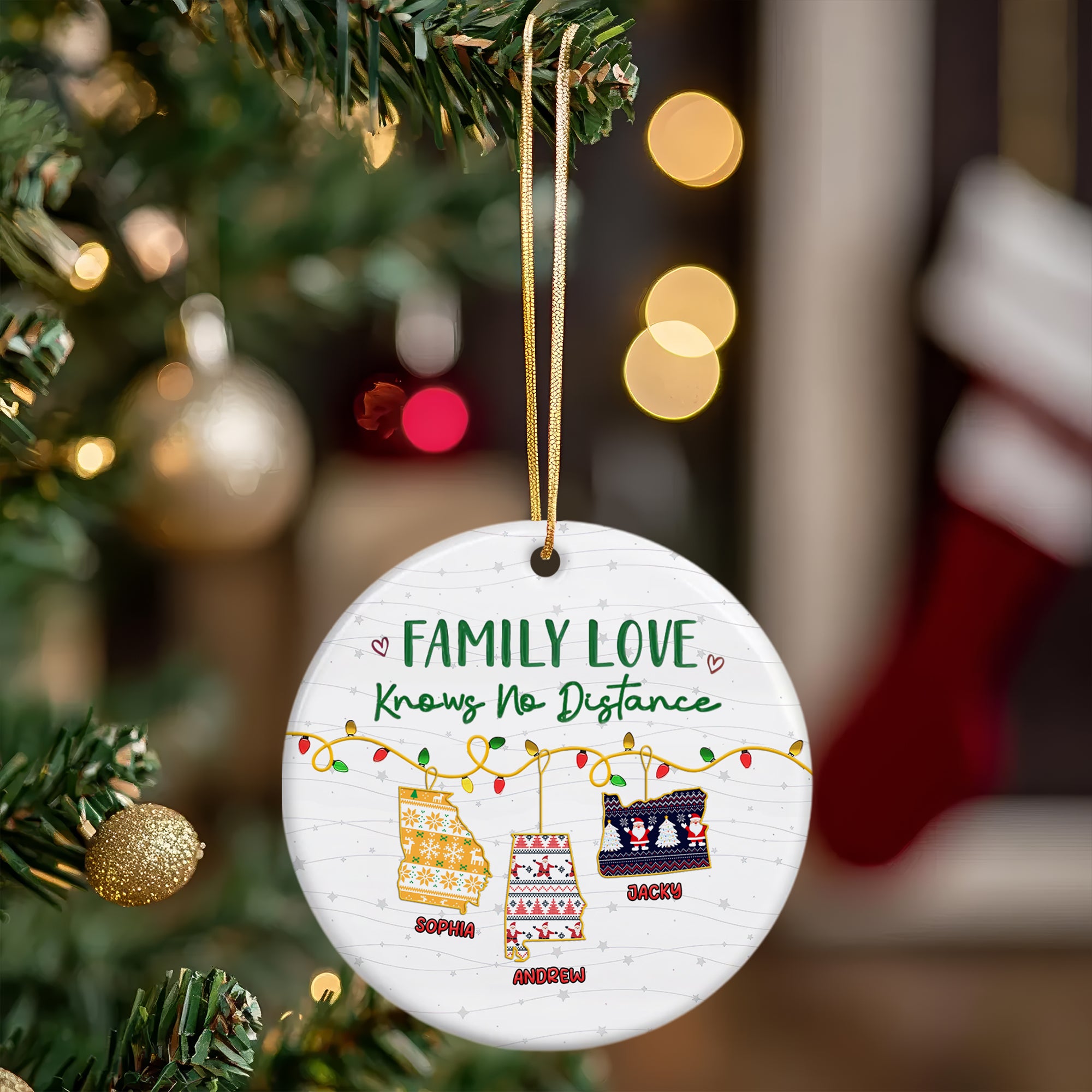 Custom Name and State Ceramic Ornament - Family Love Knows No Distance - Home Decor