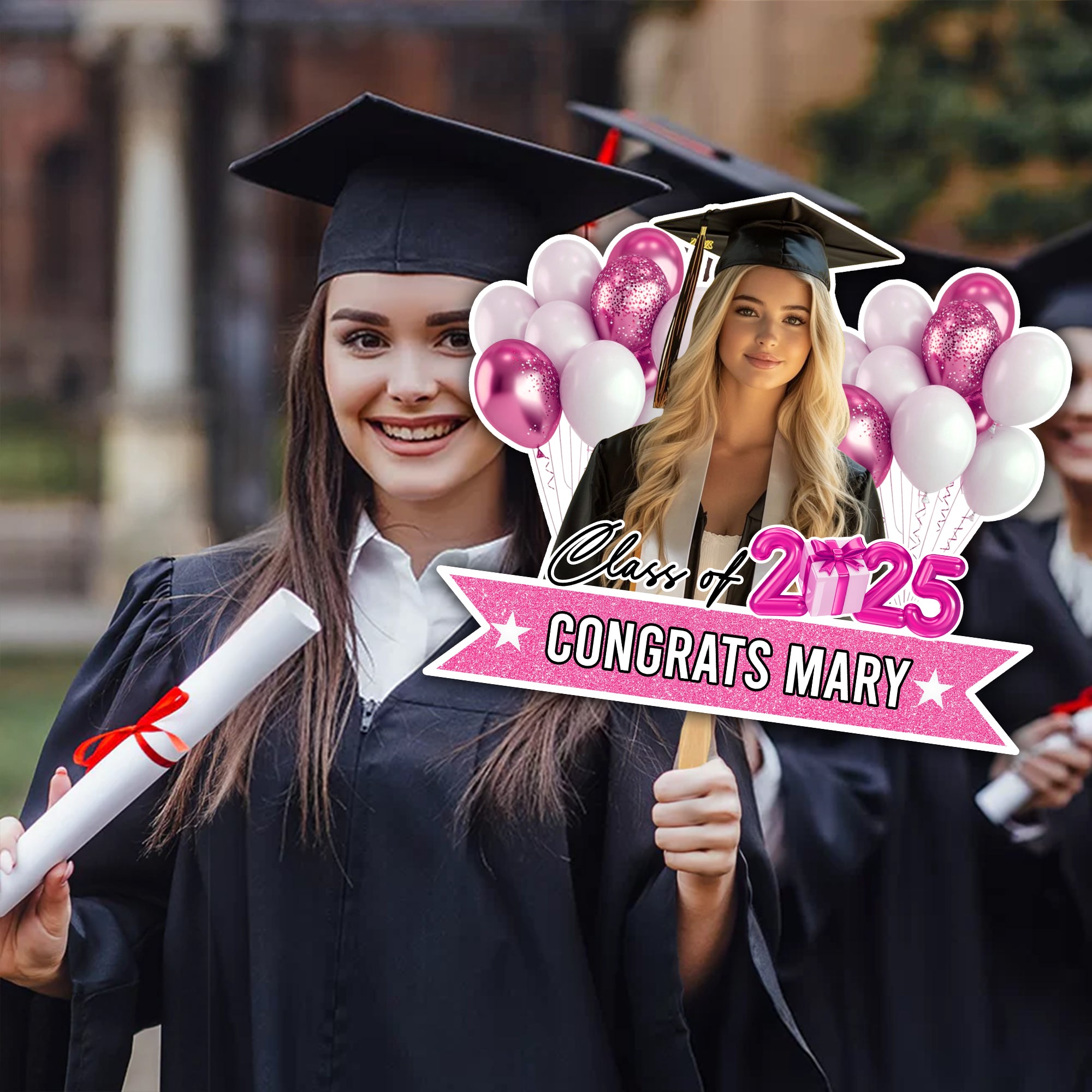 Personalized Face Fans With Wooden Handle - Graduation Keepsake Gift - Colorful Glitter Senior Photo Class Of 2025