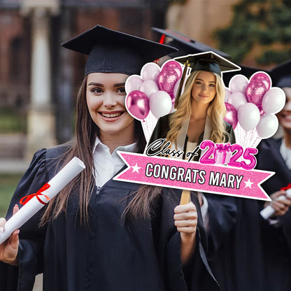 Personalized Face Fans With Wooden Handle - Graduation Keepsake Gift - Colorful Glitter Senior Photo Class Of 2025