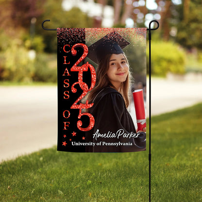 Glitter Congrats Graduation - Custom Name Class Of 2025 With Photo – Graduation Garden Flag & Party Decor