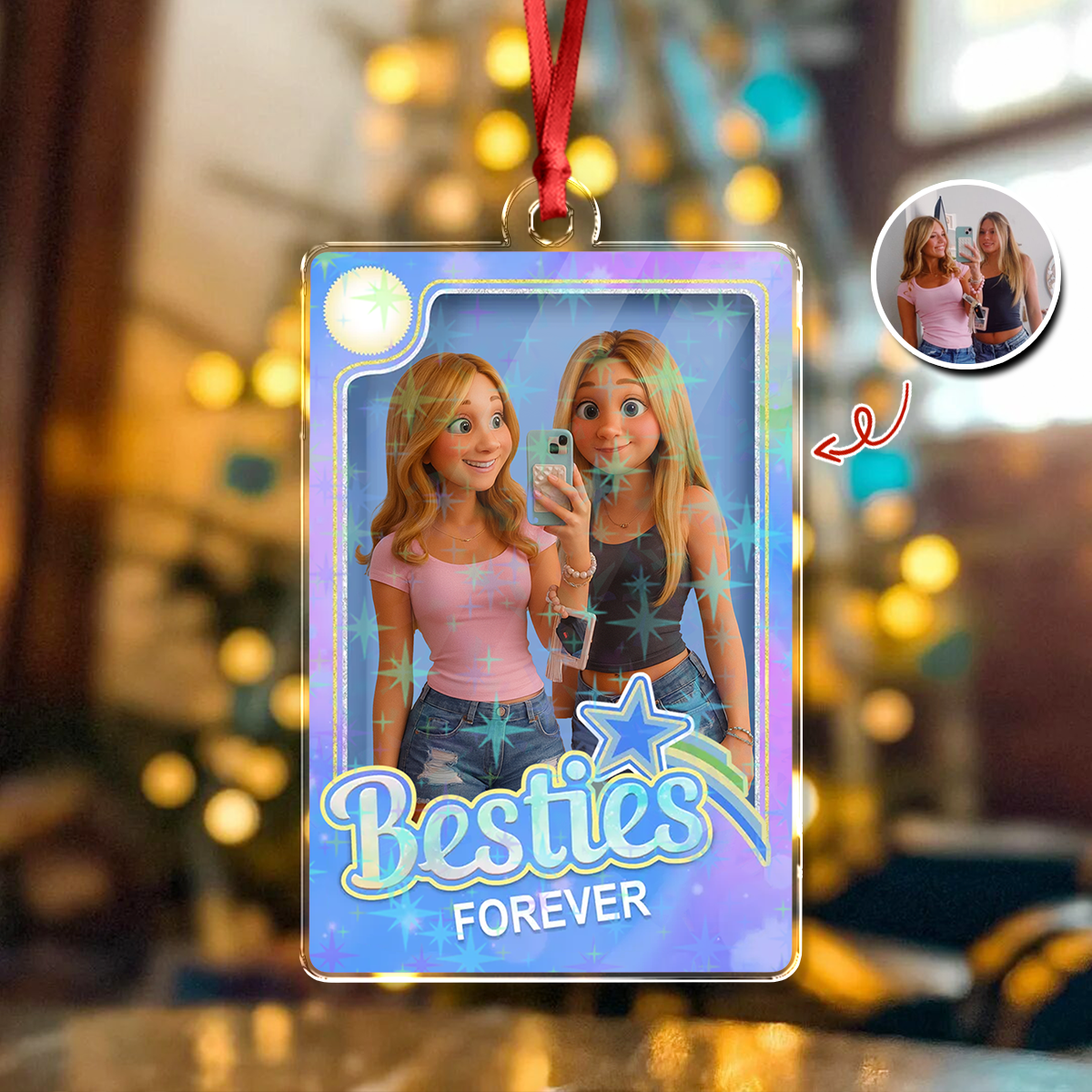 Bestie Forever - Custom Photo Cartoon Style Hologram Ornament - Gift for Best Friend