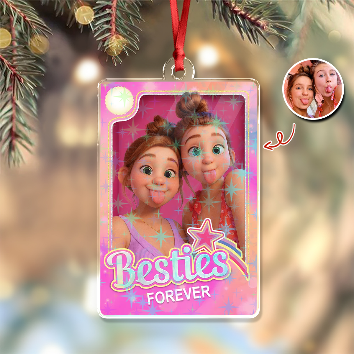 Bestie Forever - Custom Photo Cartoon Style Hologram Ornament - Gift for Best Friend