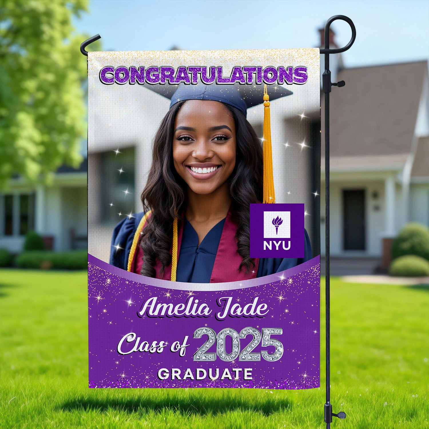 Glitter Congrats Graduation 2025 - Custom Name Class Of 2025 With Photo – Graduation Garden Flag & Party Decor