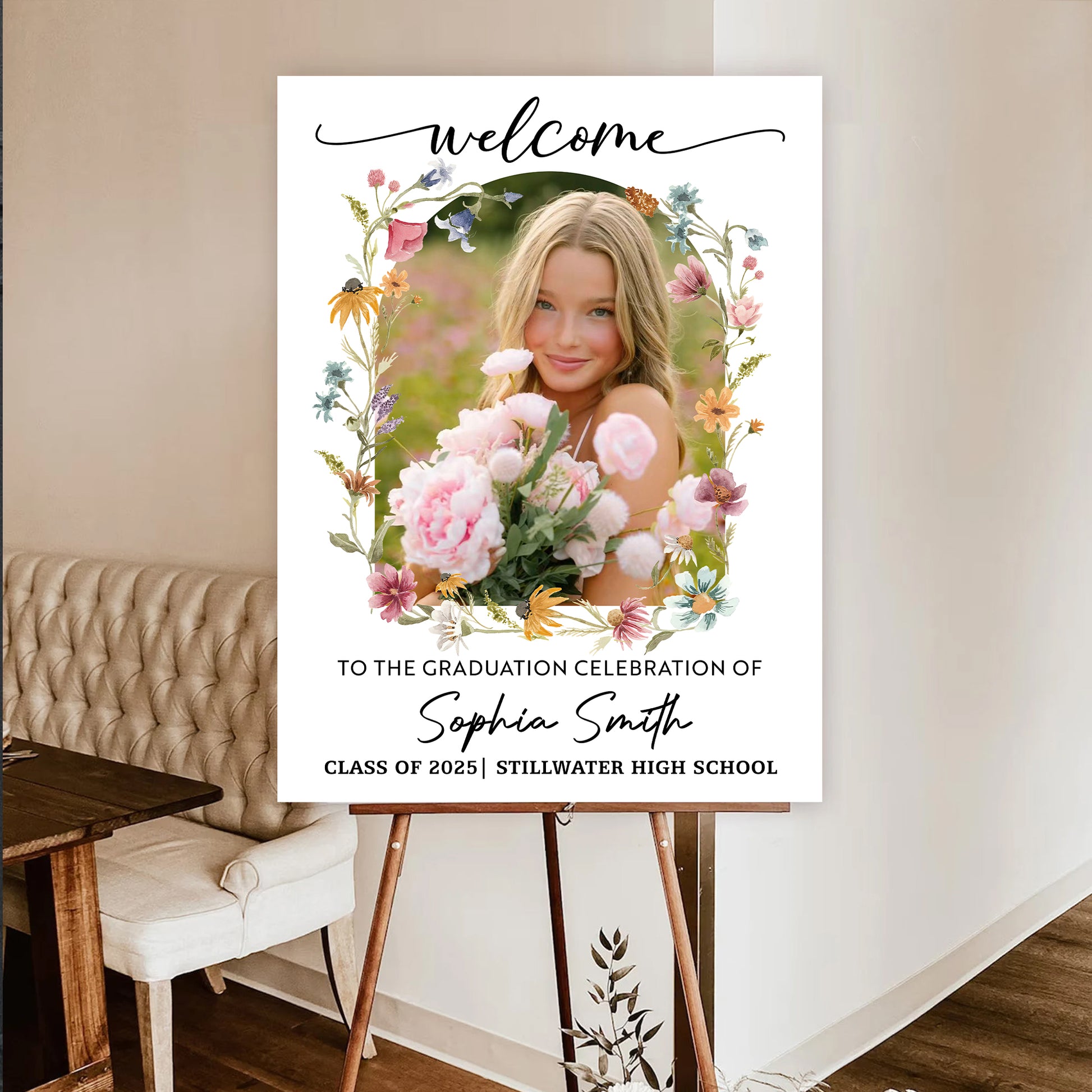 Welcome To The Graduation Celebration – Personalized Floral Welcome Sign and Garden Flag – Party Decor